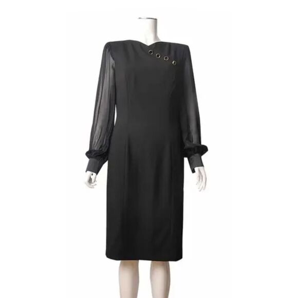 Escada Vintage 80s Wool & Silk Button Collar Long Sleeve Pencil Dress in Black - Picture 1 of 13